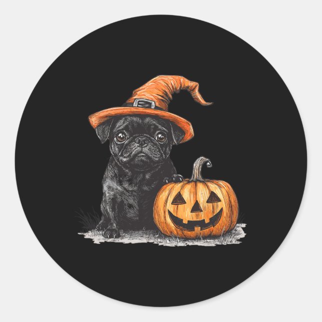 Black Pug With Witch Hat And Pumpkin Halloween Pug Classic Round Sticker (Front)