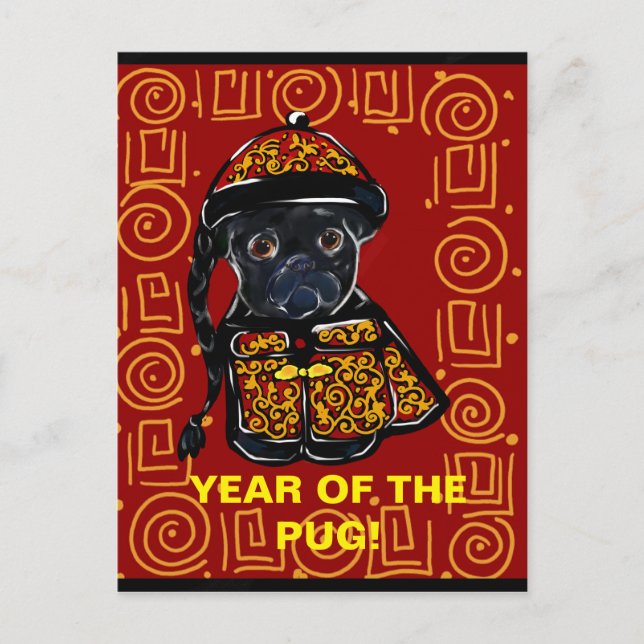 Black Pug Year of the Dog Holiday Postcard (Front)