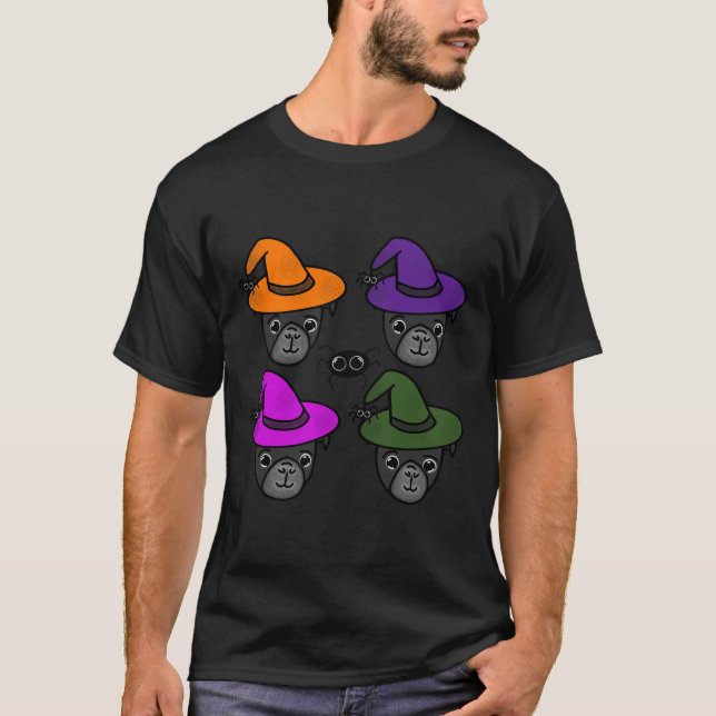 Black Pugs with  Witch Hats and Spider Friends Pac T-Shirt (Front)