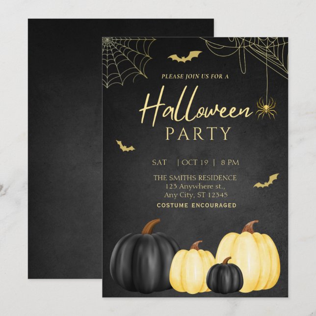 Black Pumpkin Adult Halloween Party Invitation (Front/Back)