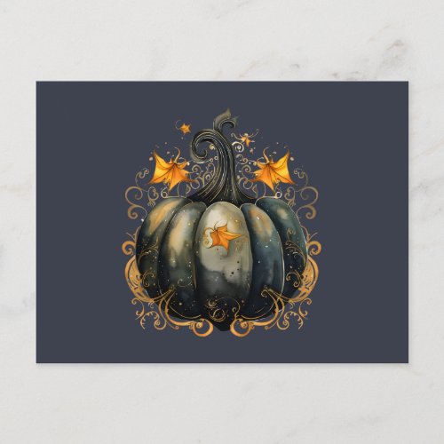 Black Pumpkin Gold Scrollwork Leaves Halloween Holiday Postcard