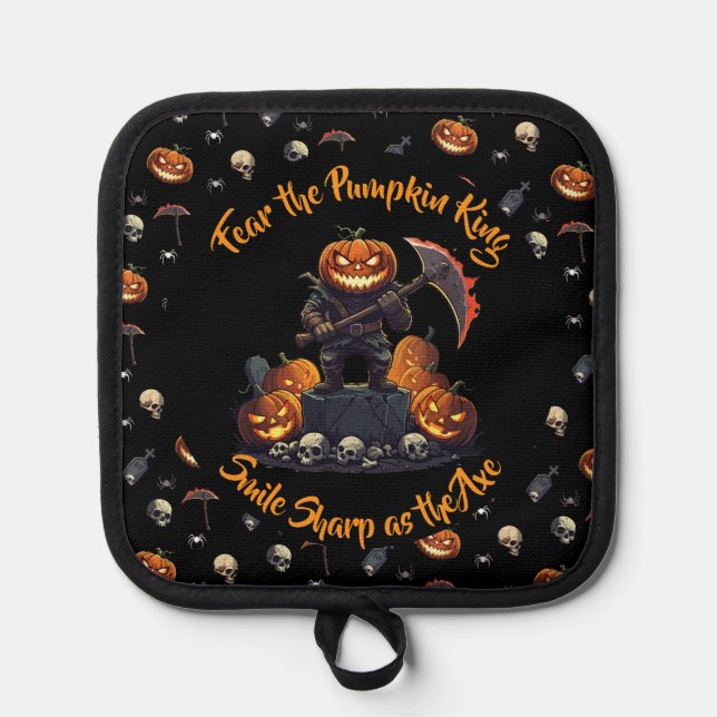 🖤 Black Pumpkin King Oven Mitt Set 🎃 Pot Holder (Front)
