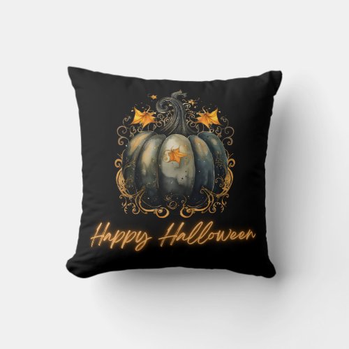 Black Pumpkin Leaves Black  Gold Happy Halloween Throw Pillow