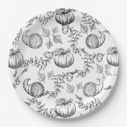 Black Pumpkin Toile 9 in Round Paper plate