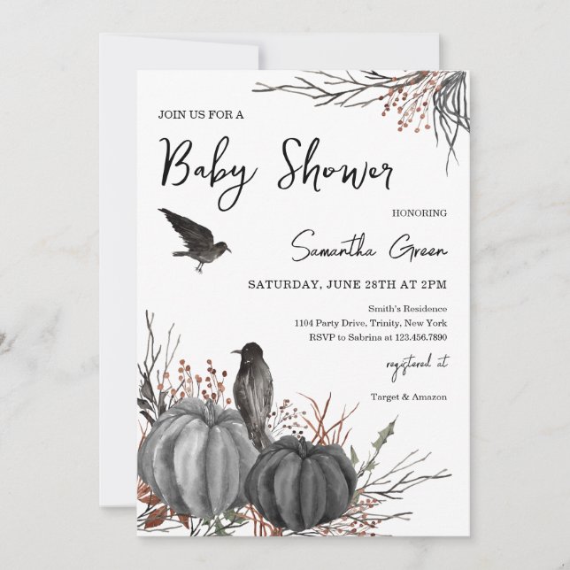 Black Pumpkins and Birds Baby Shower Invitation (Front)