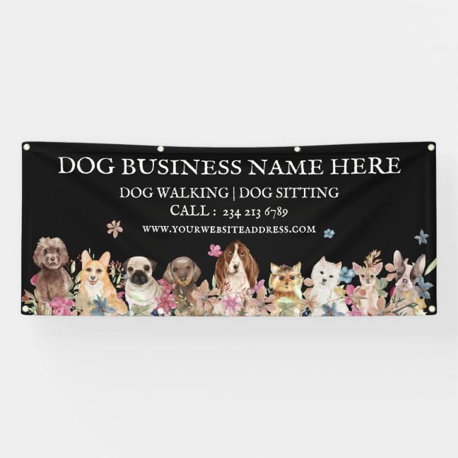 Black Puppies Floral Botanical Dog Groomer Banner