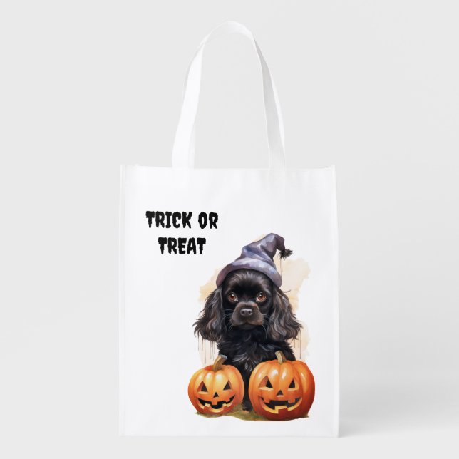 Black Puppy Jack o'Lantern Kids Halloween Grocery Bag (Front)