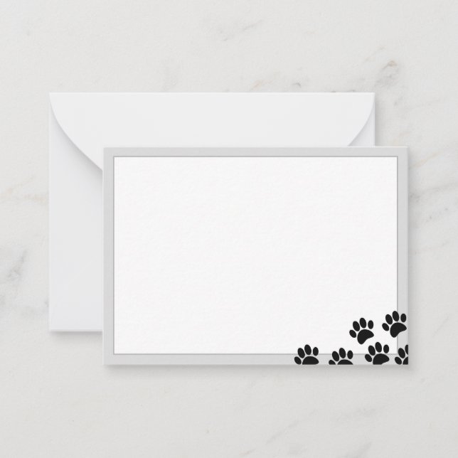 Black Puppy Paw Prints Elegant Gray Borders Note Card (Front)