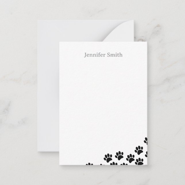 Black Puppy Paw Prints Personalized Stationery Note Card (Front)