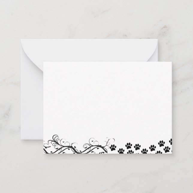 Black Puppy Paw Prints Scrollwork Blank Note Card (Front)