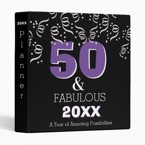 Black Purple 50 Fabulous Happy 50th Birthday Party 3 Ring Binder