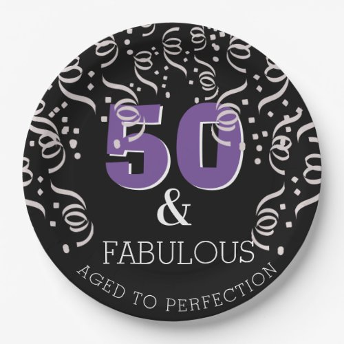 Black Purple 50 Fabulous Happy 50th Birthday Party Paper Plates