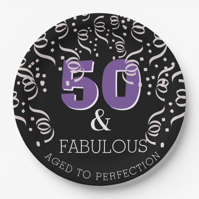 Black Purple 50 Fabulous Happy 50th Birthday Party Paper Plates (Front)