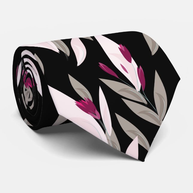 Black purple abstract red retro flower pattern neck tie (Rolled)