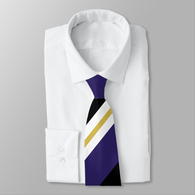 Black Purple and Gold Broad Regimental Stripe Neck Tie (Tied)