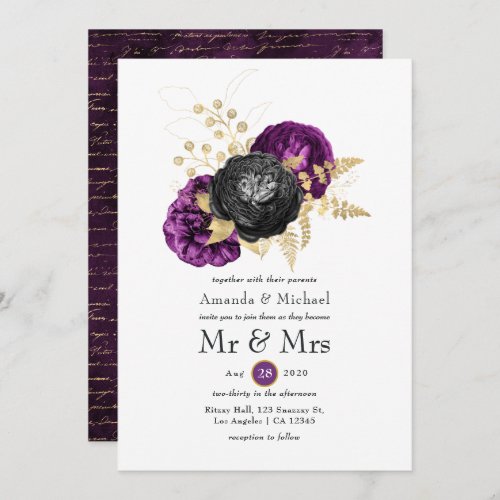 Black Purple and Gold Floral Gothic Wedding Invitation