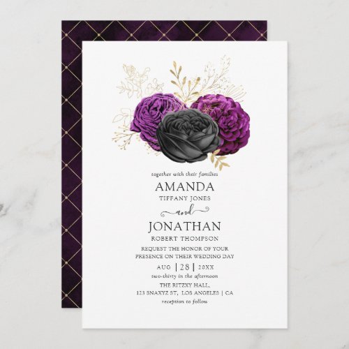 Black Purple and Gold Floral Gothic Wedding Invitation