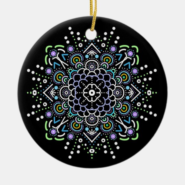Black, Purple and Green Mandala Christmas Ceramic Ornament (Front)