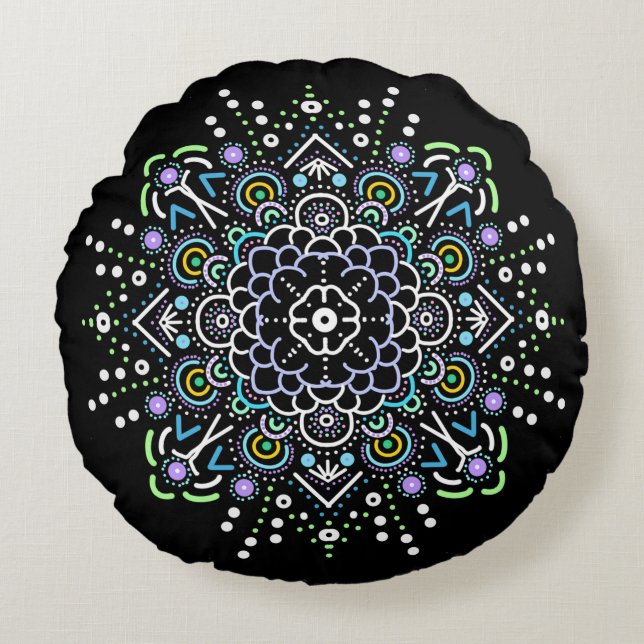 Black, Purple and Green Mandala  Ornament Round Pillow (Front)