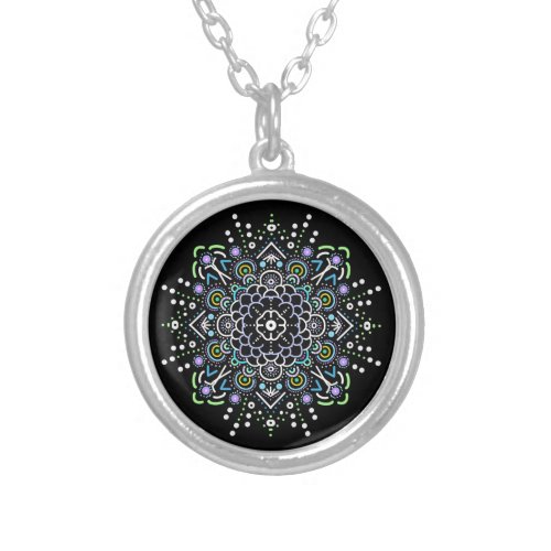 Black Purple and Green Mandala    Silver Plated Necklace