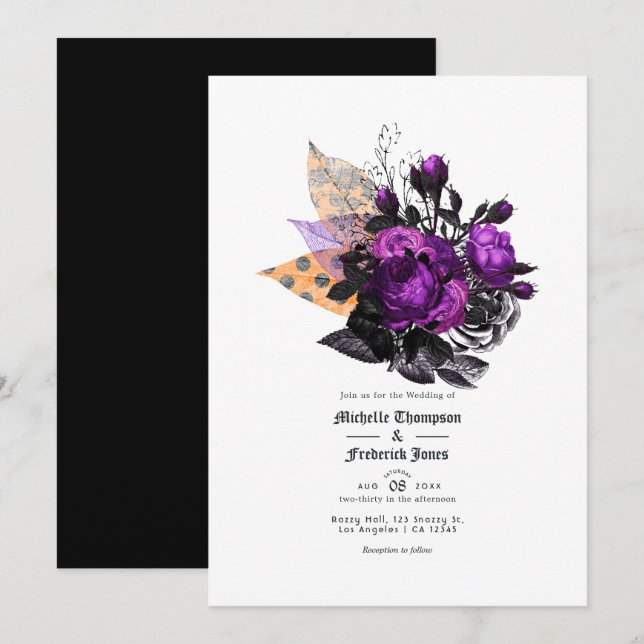 Black, Purple and Orange Shabby Floral Wedding Invitation (Front/Back)