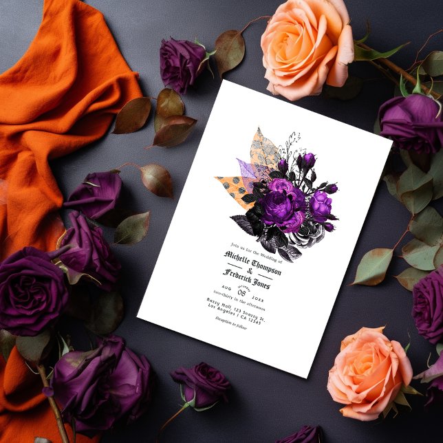 Black, Purple and Orange Shabby Floral Wedding Invitation (Creator Uploaded)
