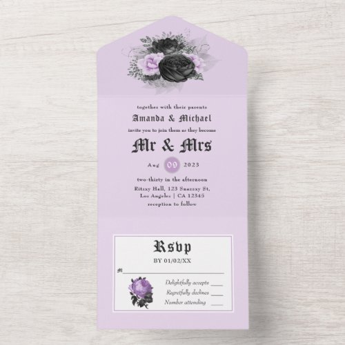 Black Purple and Silver Floral Gothic Wedding All  All In One Invitation
