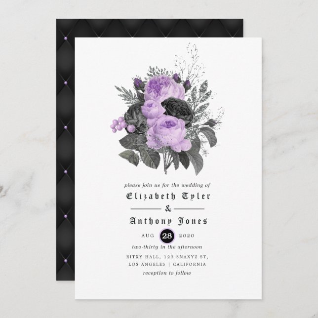 Black Purple and Silver Floral Gothic Wedding Invitation (Front/Back)