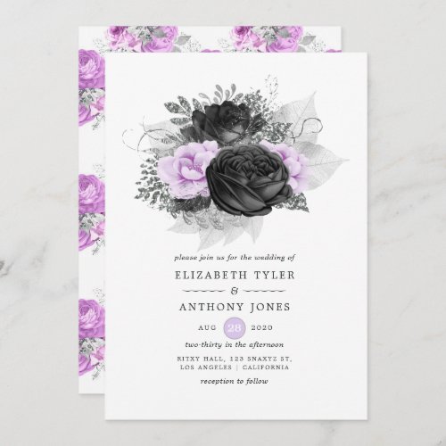 Black Purple and Silver Floral Gothic Wedding Invitation