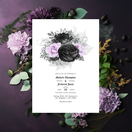 Black Purple and Silver Floral Gothic Wedding Invitation