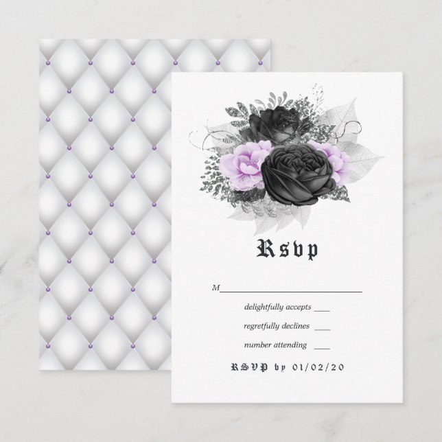 Black Purple and Silver Floral Gothic Wedding RSVP Card (Front/Back)