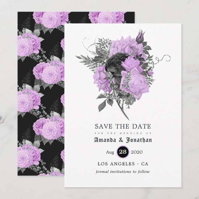 Black Purple and Silver Floral Gothic Wedding Save The Date (Front/Back)