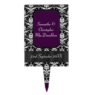 Black, purple and white damask wedding cake topper