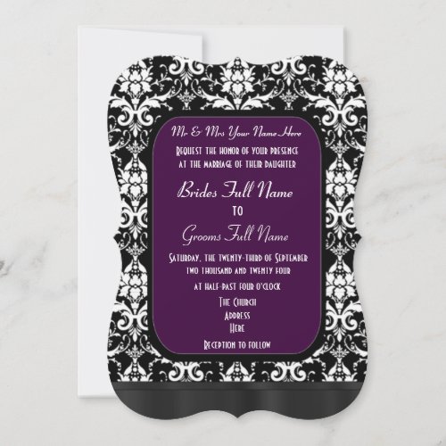 Black purple and white damask wedding invitation