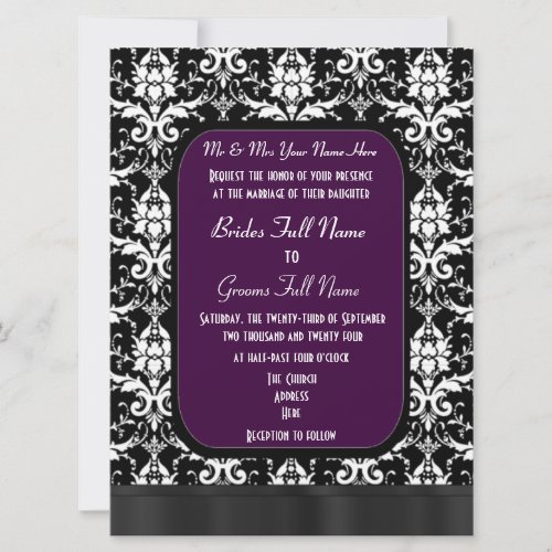 Black purple and white damask wedding invitation