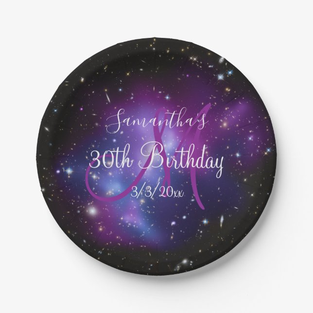 Black Purple and White Galaxy Celestial Birthday Paper Plates (Front)