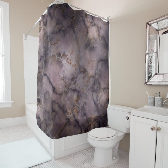 Black Purple and White Marble Pattern Shower Curtain (In Situ)