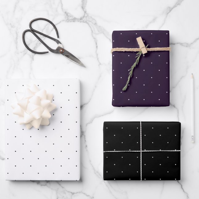 Black, Purple and White Micro Polka Dot Set of 3 Wrapping Paper Sheets (Front)