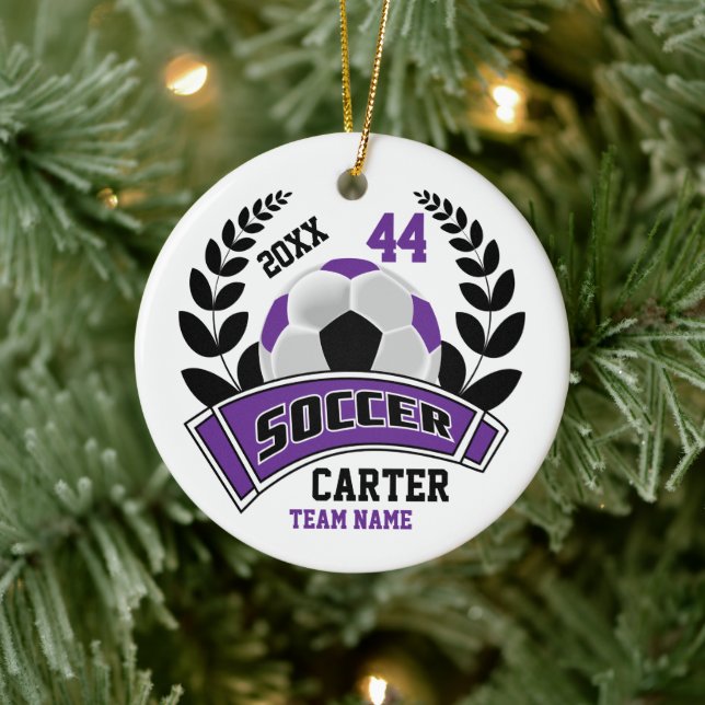 Black, Purple and White Personalize Soccer  ⚽ Ceramic Ornament (Tree)