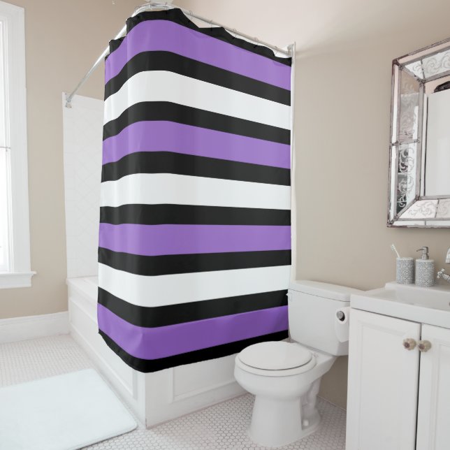 Black, Purple and White Stripes Shower Curtain (In Situ)