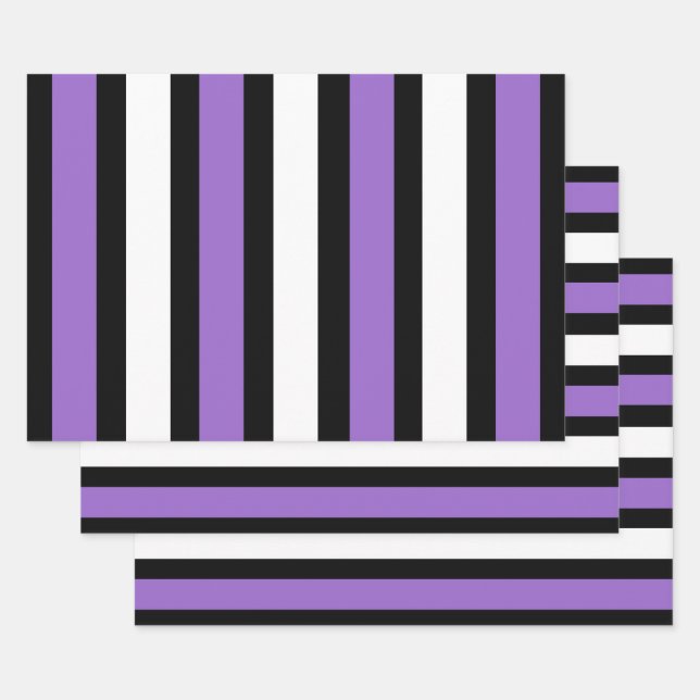 Black, Purple and White Stripes Wrapping Paper Sheets (Set)