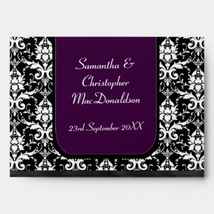 Black, purple and white wedding damask envelope