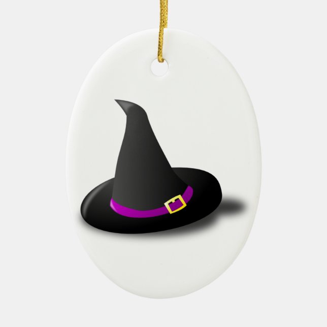 Black, Purple, and Yellow Witch Hat with Bent Tip Ceramic Ornament (Front)