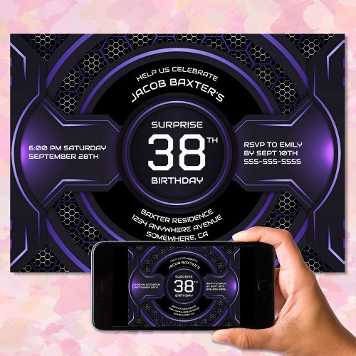 Black Purple Any Age Surprise Birthday Party Invitation