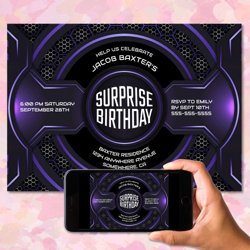Black Purple Any Age Surprise Birthday Party Invitation