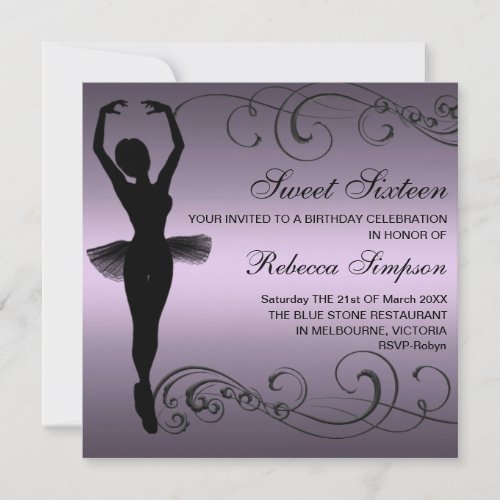 Black &amp; Purple Ballerina Birthday Invitation