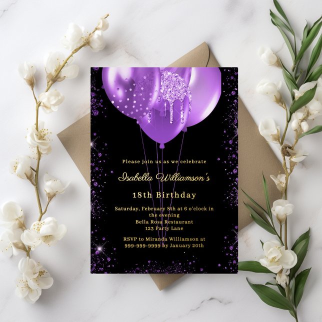 Black purple balloons birthday gold foil invitation (Creator Uploaded)