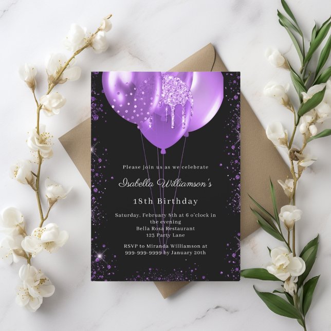 Black purple balloons birthday  invitation postcard (Creator Uploaded)