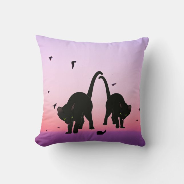 Black Purple Beach Cats Birds Scene Throw Pillow (Front)