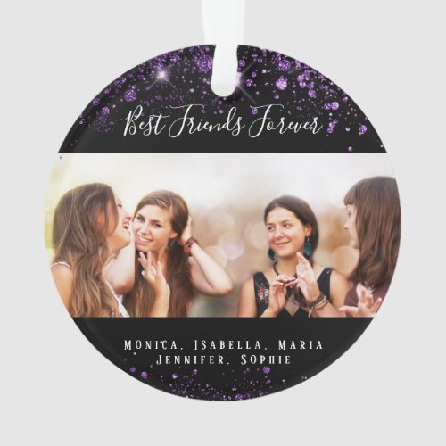 Black purple best friends forever glitter photo ornament